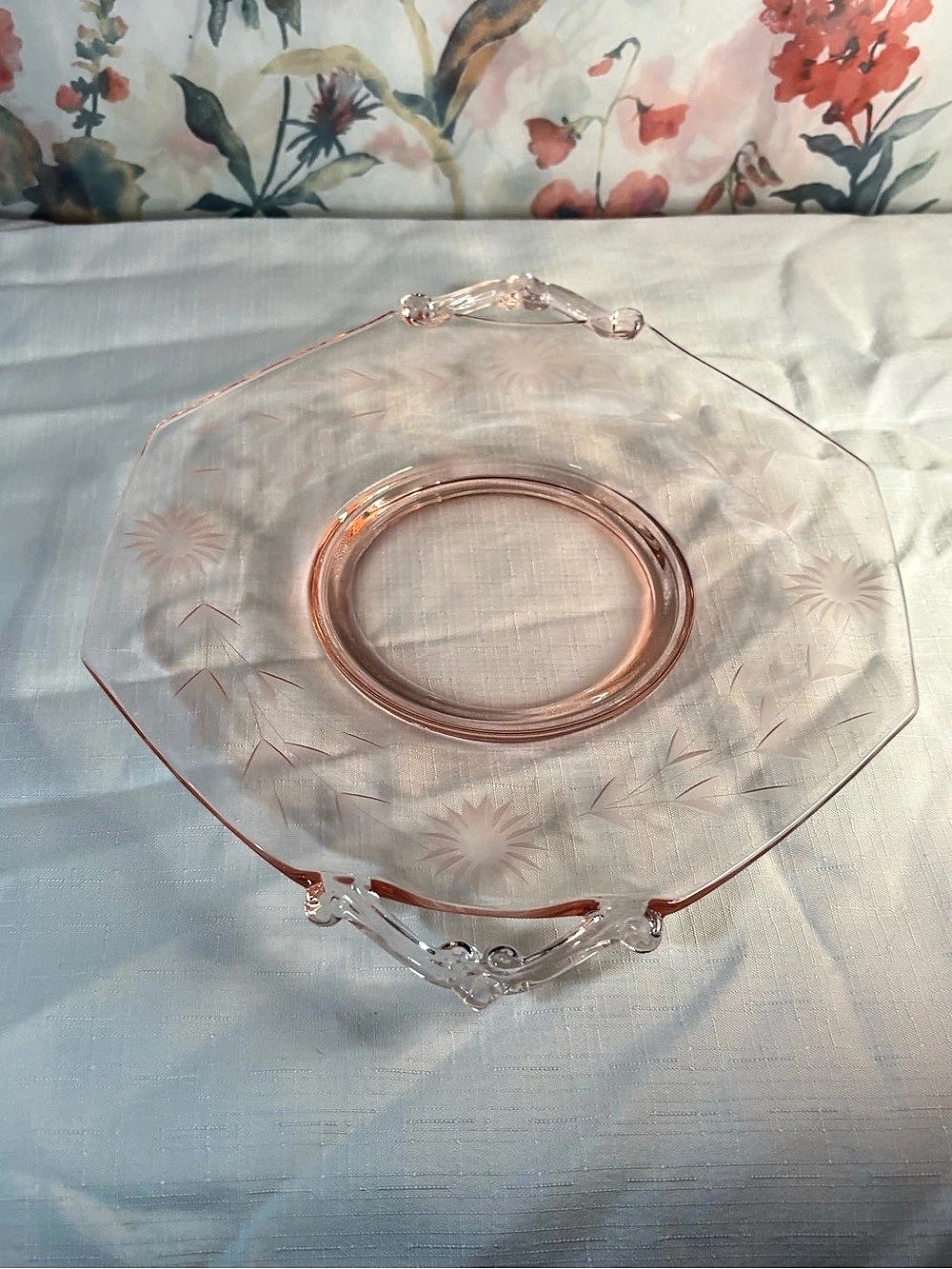 Vintage Pink Depression Floral Glass Serving Platter